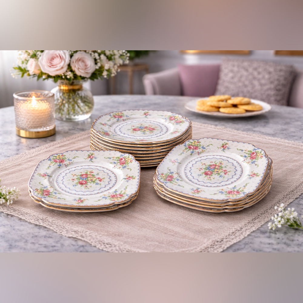 Royal Albert “Petit Point” Floral Dessert Plates – Set of 14 | Gold Trim